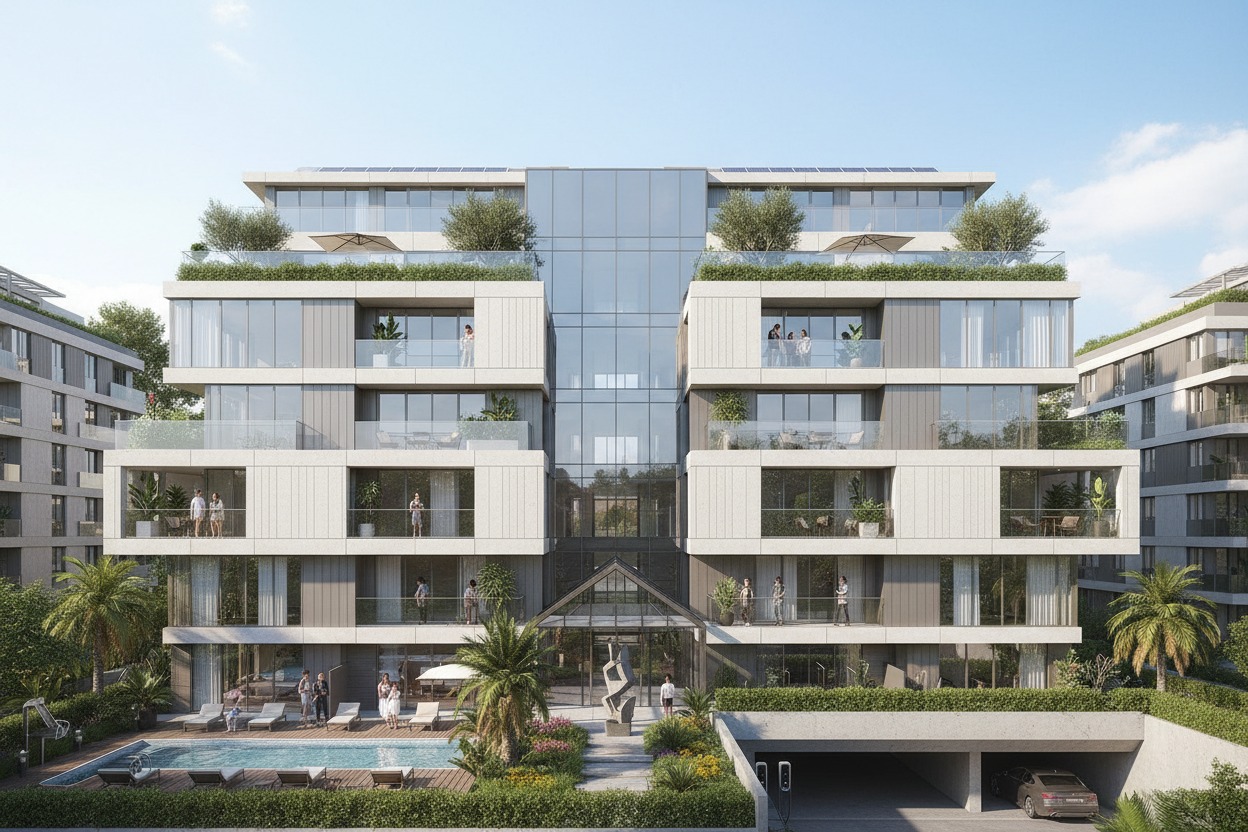 Edificio residencial moderno de varios pisos con grandes balcones, una piscina en la planta baja y vegetación en las terrazas.