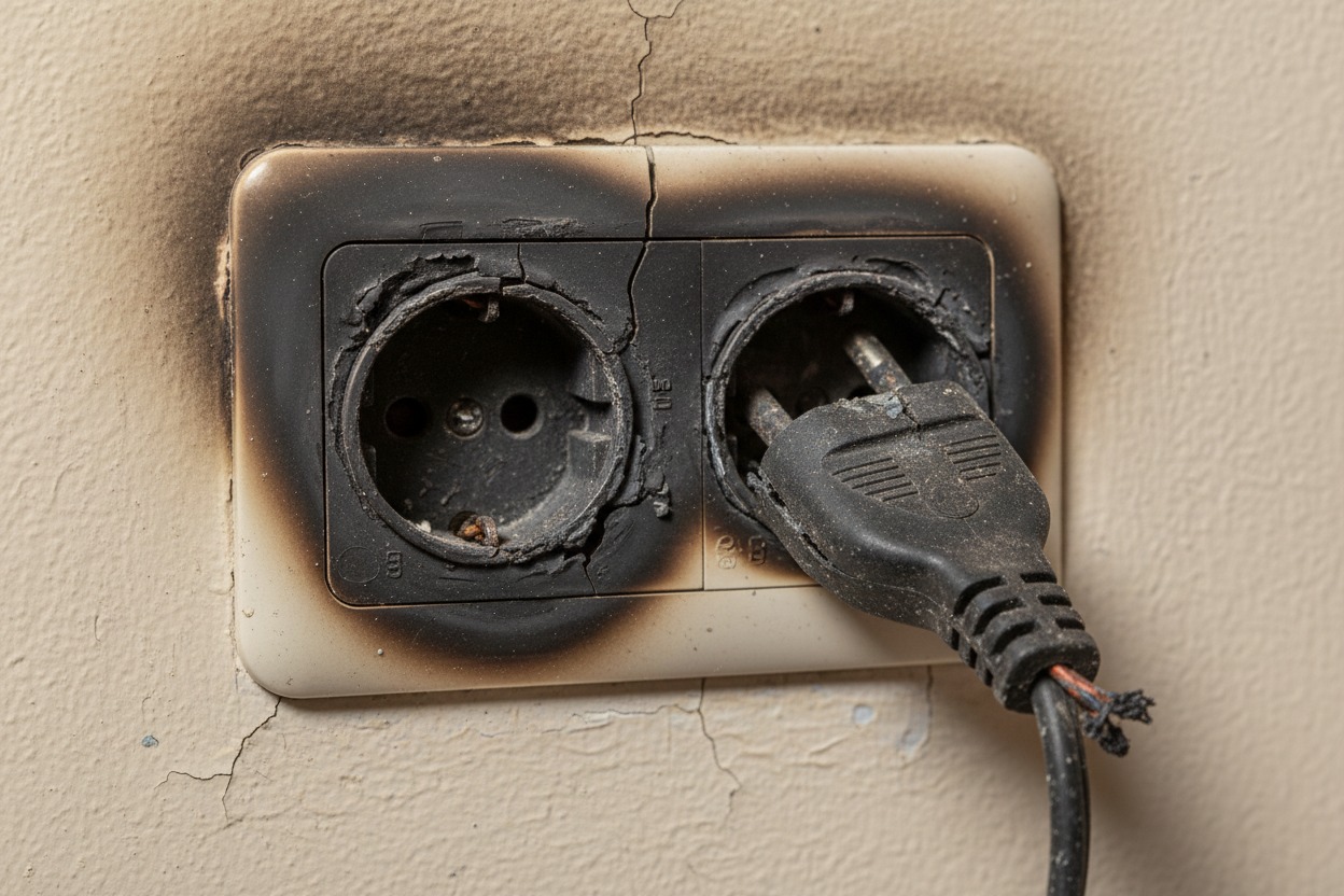 Un enchufe doble quemado y agrietado con un cable negro conectado en la pared.